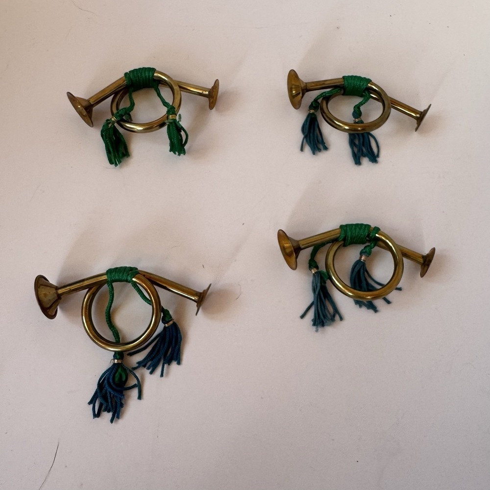 VTG 50s Christmas Ornaments Brass Bugle  Lot of Four (4) Green Cords 4" Long